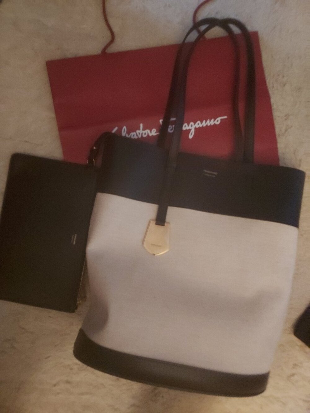 SALVATORE FERRAGAMO TOTE BAG & WRISTLET BAG CLUTCH LEATHER CANVAS BEAUTY